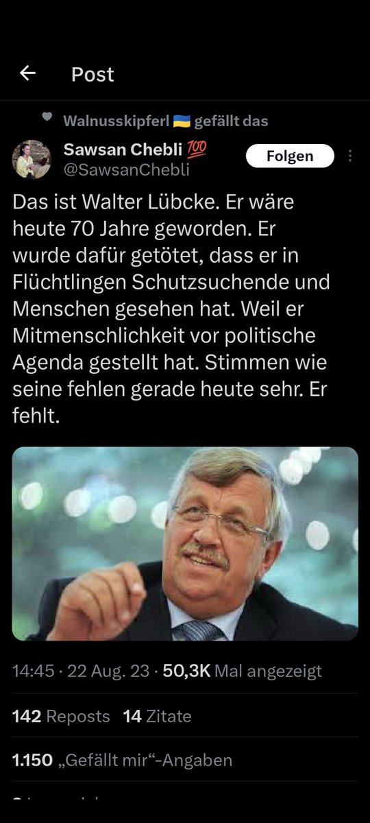 DerWanderer4's tweet photo. Das ist wirklich der dümmste take den ich heute lesen musste

In cheblis tweet ist die afd nichtmal erwähnt.
Klarer kann man sich gar nicht selbst als nazi entlarven der den tod von walter Lübcke billigt https://t.co/Jl9LMLGeDS
