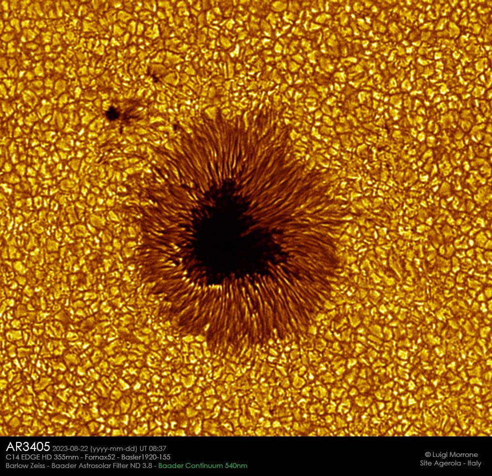 Although the Sun has quietened down a little, Luigi Morrone has imaged Active Region 3405, a large stable penumbral sunspot in the north west quadrant. Imaged at 22 August 2023 at 0837 UT using C14 EDGE HD 355mm, Fornax 52, Basler 1920-155 Barlow Zeiss.