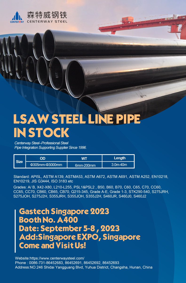 Centerway_Steel's tweet image. LSAW steel linepipe, we have stock with fast delivery. competitive price support your all requirements in project.
Welcome to contact us. #steelpipe #steellinepipe #linepipe #lsawsteelpipe
email: sales@centerwaysteel.com