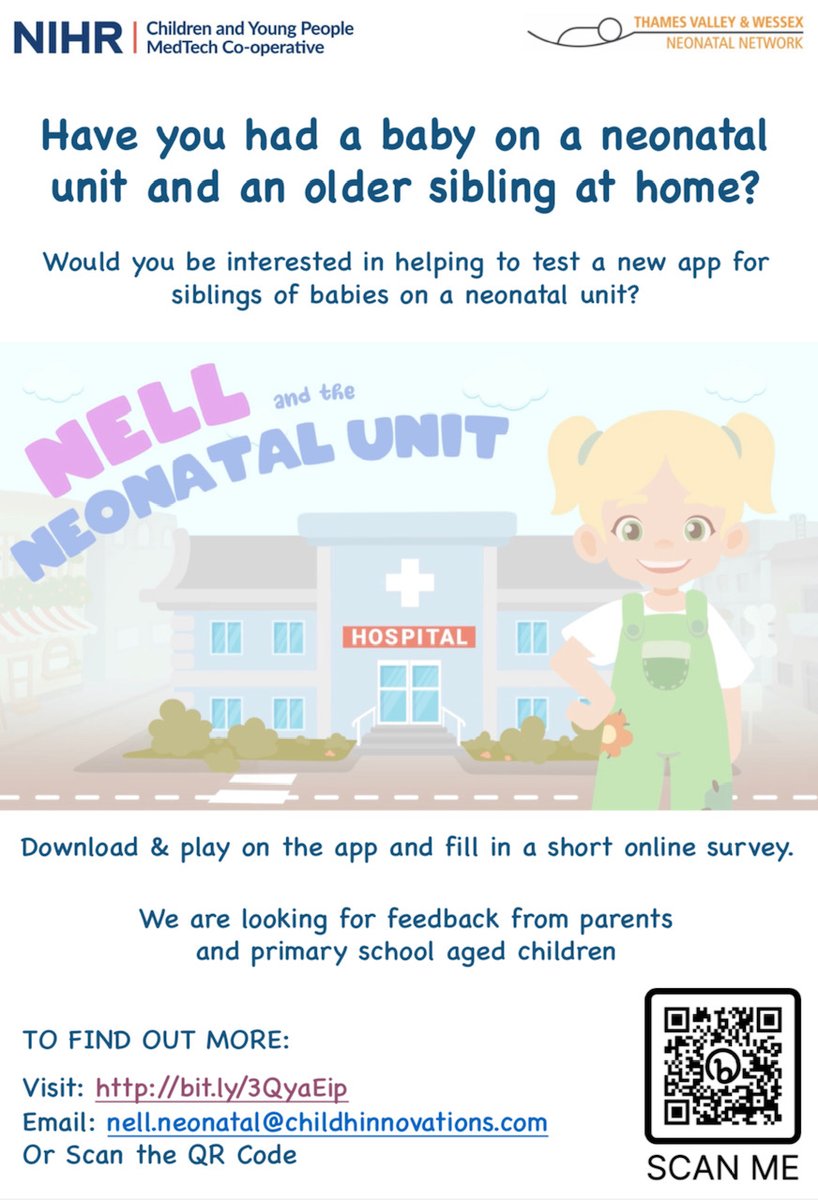 NIHRChildrenHRC's tweet photo. Have you had a baby on a neonatal unit with an older sibling at home?

@NellNeoUnit is building an app to help older siblings manage big feelings &amp; understand the neonatal world and we'd love your feedback!

Find out more &amp; complete a short survey here👉
https://t.co/ixLmBpPabG https://t.co/iulsvu7Pez
