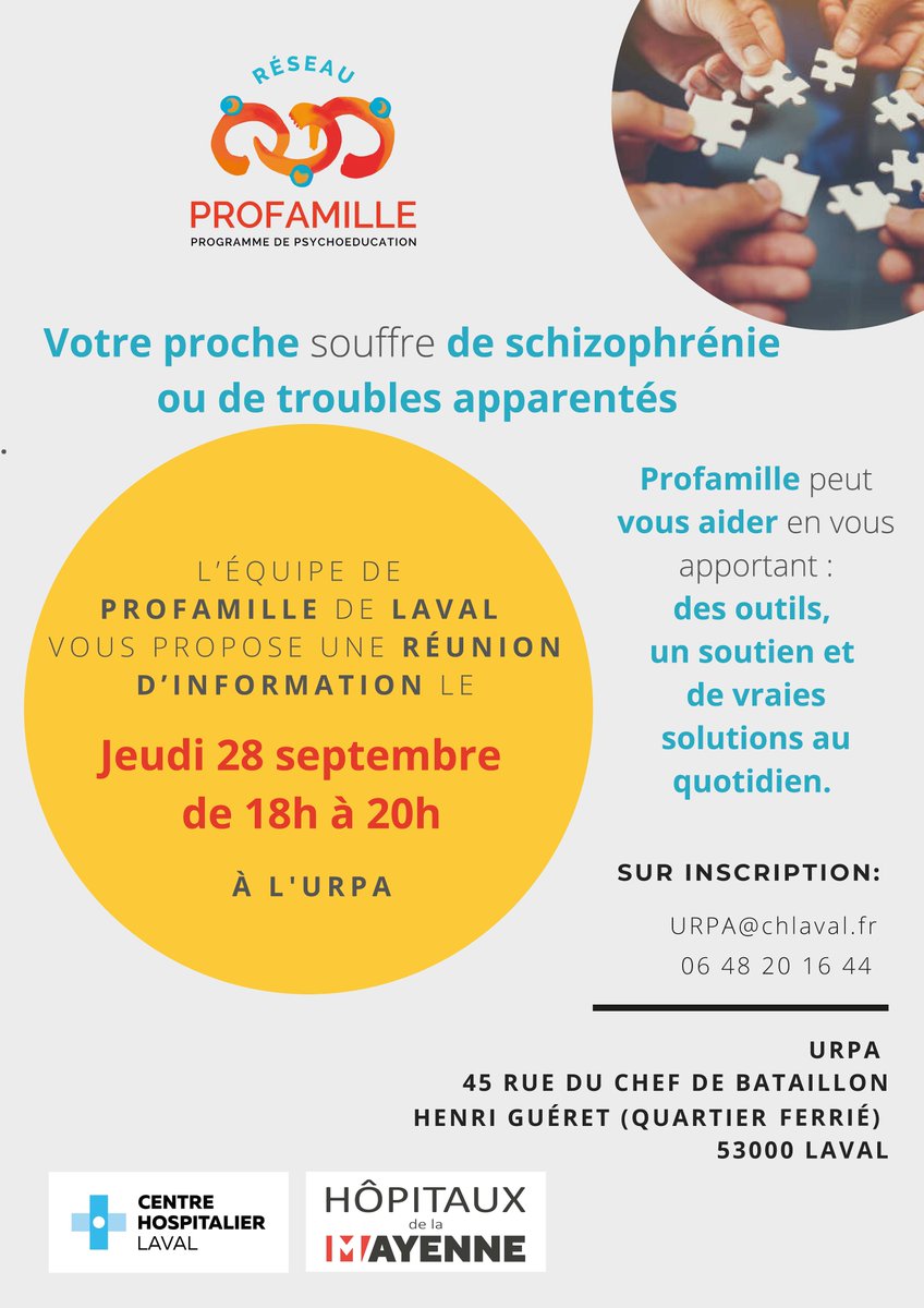 CHLaval53's tweet photo. Votre proche souffre de schizophrénie ou de troubles apparentés ?
L’URPA du @CHLaval53 renouvelle le programme #PROFAMILLE en Mayenne à compter de janvier 2024.
🗓️Séance d'information le 28/09.
Inscription👉06 48 20 16 44 ou URPA@chlaval.fr.
#Unafam #santémentale #mayenne https://t.co/ZSlle3AmMu