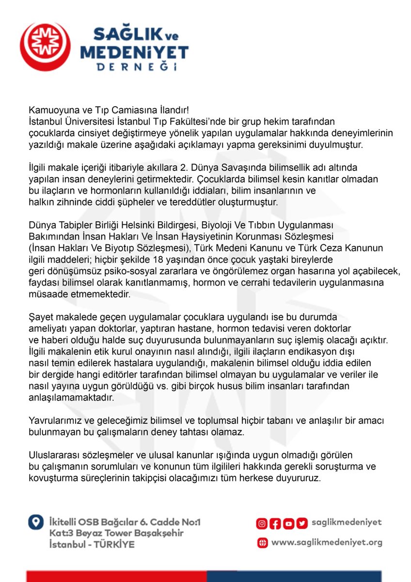 Kamuoyuna ve Tıp Camiasına İlanımız: