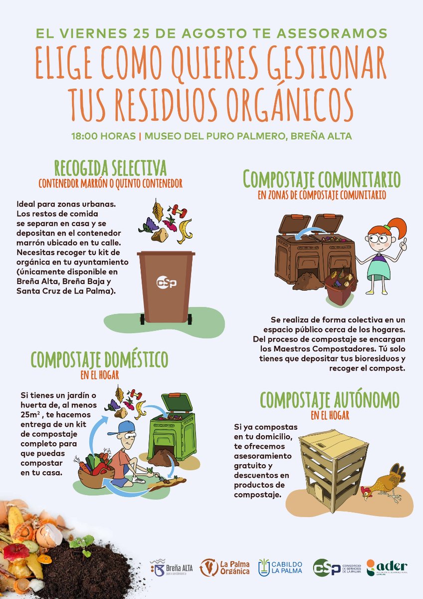 LaPalmaOrganica's tweet photo. ♻️🌱El 25 de agosto te asesoramos sobre las diferentes formas que tienes para #compostar.
✅ Ven al Museo del Puro Palmero a las 18 horas. 📍 La asistencia es gratuita y NO requiere inscripción previa. Además, ¡podrás llevarte un kit de compostaje a casa!
@CabLaPalma https://t.co/QoQ3zxel8C