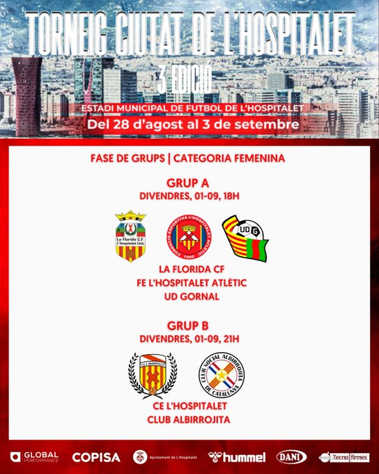 ⚽️3r Torneig "Ciutat de L'Hospitalet"   

🗓️Del 28 d'agost al 3 de setembre

👉Amb la participació dels 13 clubs de #LHospitalet
👉Categories masculina i femenina
#EsportsLH #TCLH23 #FutbolLH