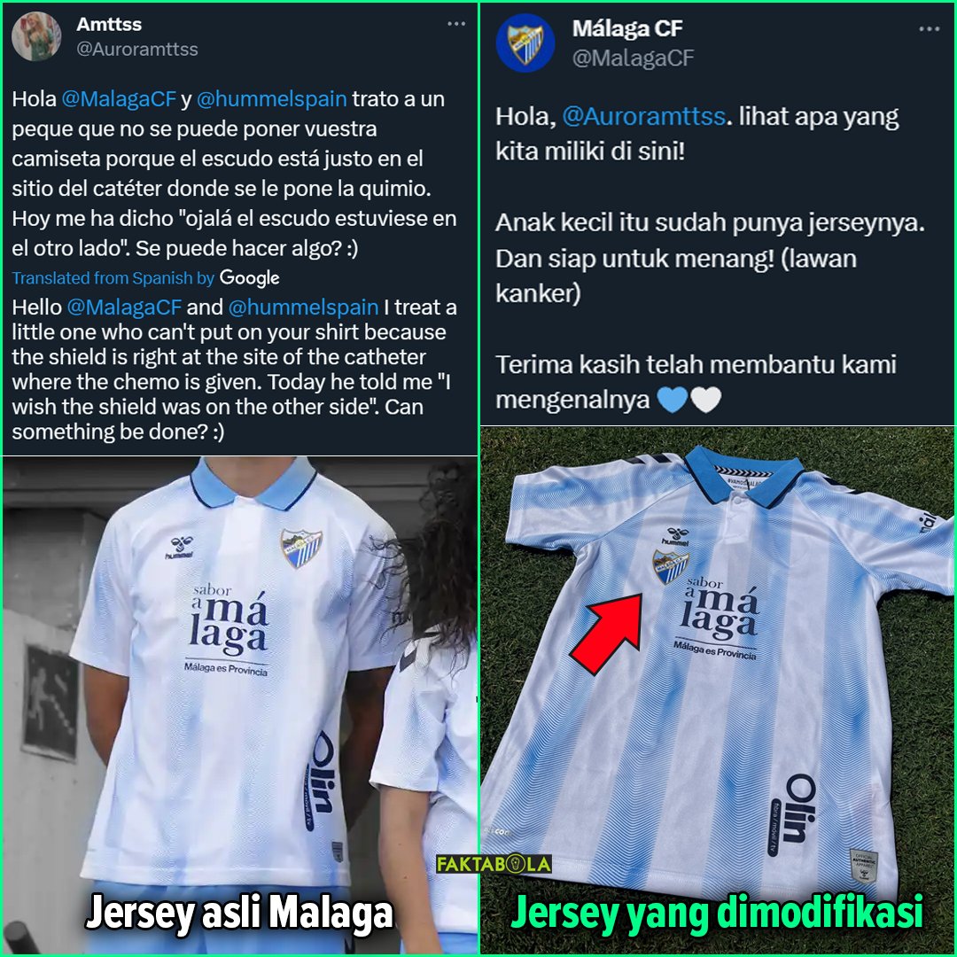 FaktaSepakbola's tweet photo. Hal kecil, namun bermakna besar 🫡  

Seorang nakes mengirim pesan ke klub Malaga dan apparel Hummel. Dia menceritakan ada pasiennya, anak kecil yang menderita kanker, ingin memakai jersey Malaga namun tidak bisa karena logo klub Malaga berada di bagian dada tempat pemasangan selang kemoterapi sang anak tersebut. Sang anak berharap logo nya bisa dipindahkan ke bagian samping satu lagi.

Pihak Malaga melihat pesan tersebut, akhirnya membuat jersey khusus untuk anak penyintas kanker itu. Yakni logo nya sudah dipindahkan ke area kanan. Sehingga selang tetap bisa dipasang di dada kiri pasien. Respect!