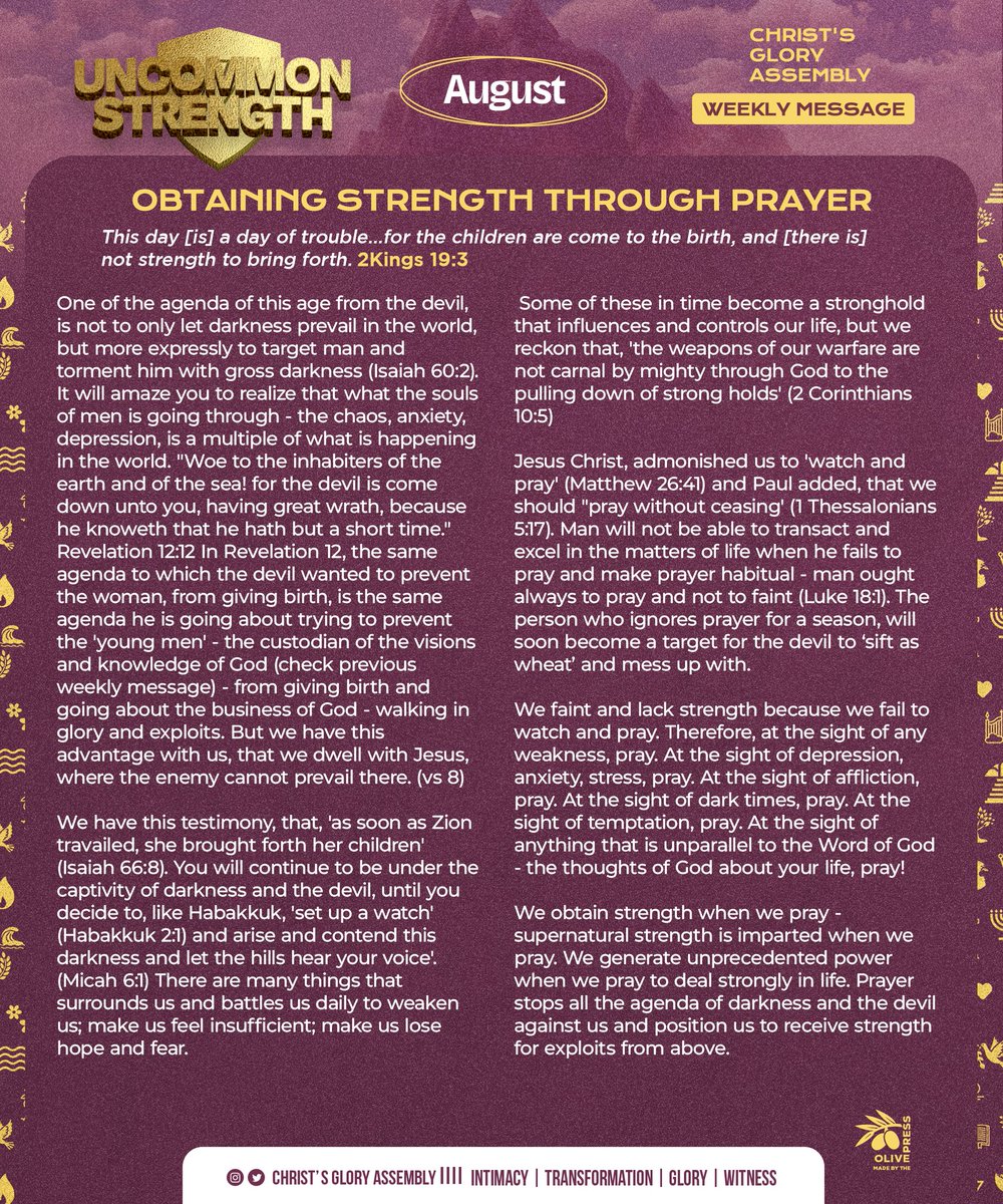 gloryassembly_'s tweet photo. We obtain strength when we pray - supernatural strength is imparted when we pray.

This week's message:
OBTAINING STRENGTH THROUGH PRAYER

Engage with it and be blessed🙏🏾 https://t.co/MH26bDtivX