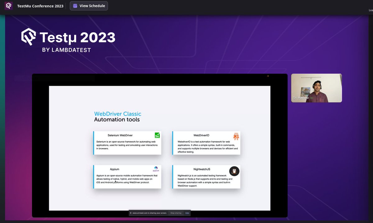 DahibhatePrachi's tweet image. 🚀 Witnessed an exceptional demo at #TestMuConf by @sri_harsha509 on 'WebDriver BiDi: Revolutionizing Cross-Browser Automation'.
#AutomationEvolution #TestingTech