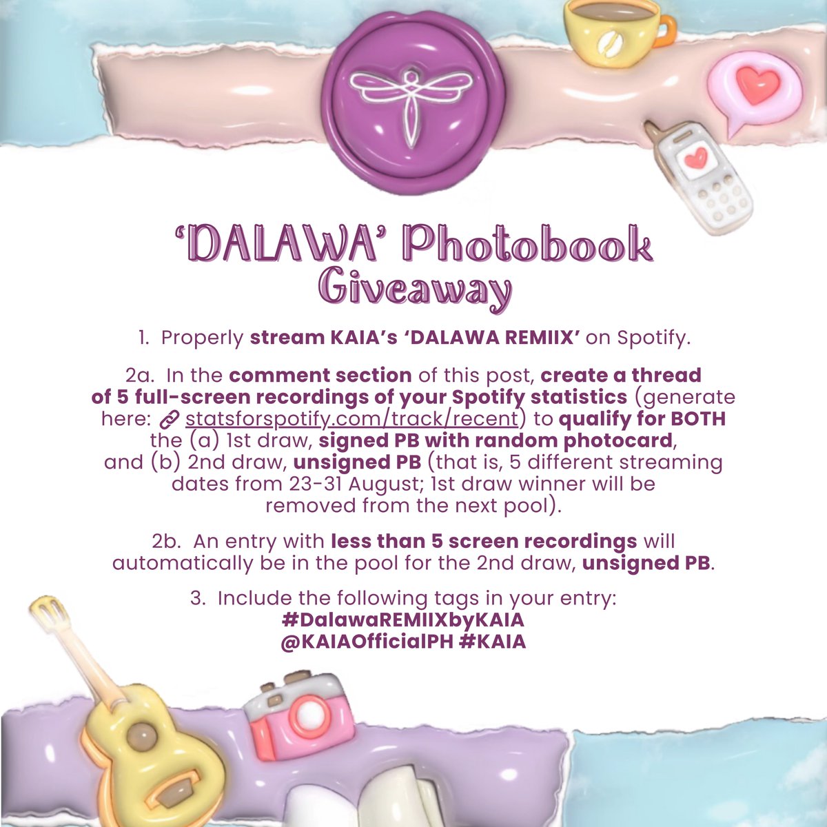 KAIATrendsPH's tweet photo. [PB Giveaway Part 2]

✅ Stream ‘DALAWA REMIIX’

✅ Reply a thread of 5 SRs of your Spotify stats (https://t.co/bhzvnDTzLs) to qualify for BOTH: 1st (signed PB w/ random PC) and 2nd (unsigned PB) draws (<5 SRs = 2nd draw only)

✅ Tags:
#DalawaREMIIXbyKAIA
@KAIAOfficialPH #KAIA https://t.co/eRGv0Cf2DH