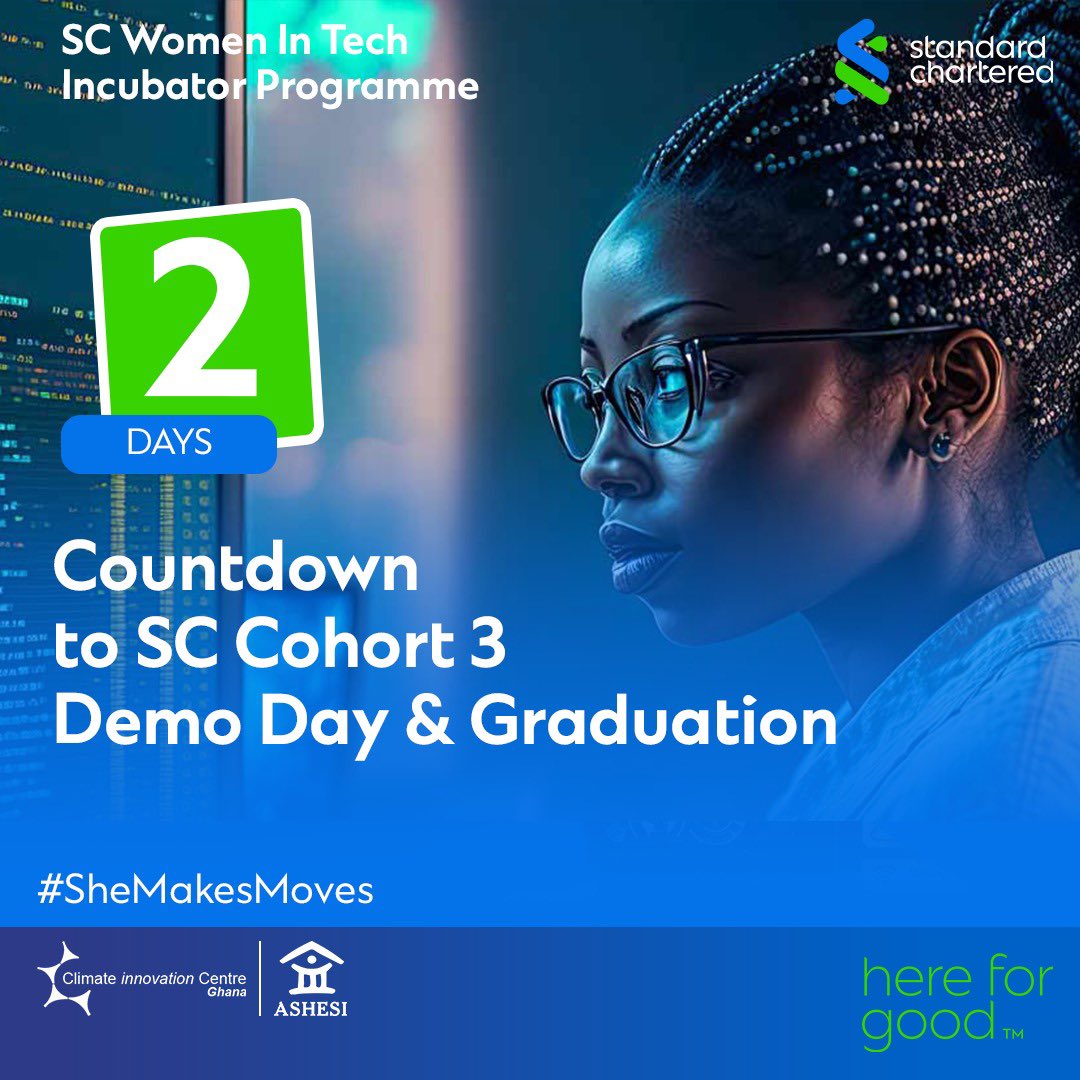 GhaCIC's tweet photo. Countdown to the graduation of cohort 3 of @StanChartGH women in tech programme! #SCWITGraduation #EmpoweringTechLeaders #CelebratingInnovation #TuneInToWin #SheMakesMoves #GCIC #StandardCharteredBank #SCWIT #WIT https://t.co/ix9dK9Xp0h
