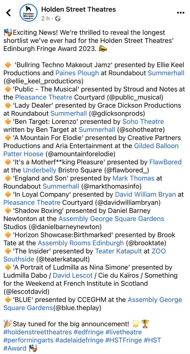 We have been shortlisted for the Holden Street Theatres' Edinburgh Fringe Award 2023! 

Phwoooar! Look at that lineup - we are blooming' chuffed to be amongst them 🤩

Thank you <a href="/HoldenStreet/">HoldenStreetTheatres</a>!