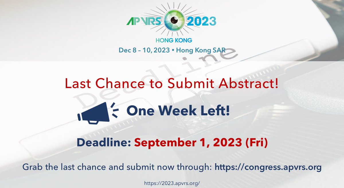 One last week to submit your abstract! Grab the last chance to showcase your scientific achievements, submit now through our Congress system: congress.apvrs.org.

Awardees will receive recognition in the Final Program Book and complimentary tickets to the Congress Party!