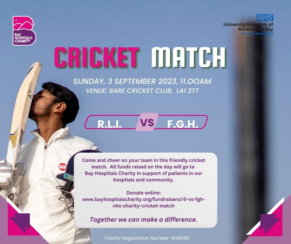 New date for the Cricket Match, Sunday 3 September, 11.00am @BareCricketClub Cheer on your favourite team as staff from the RLI take on colleagues from FGH. #friendlymatch #fundraising @bayhospitals All donations will be gratefully accepted: ⬇️⬇️⬇️ bayhospitalscharity.org/.../rli-vs-fgh…...
