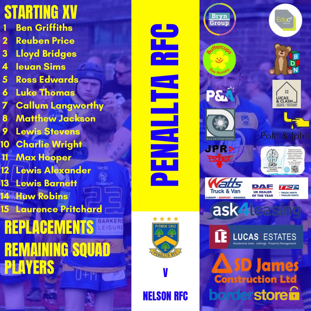 PenalltaRugby1's tweet photo. The starting XV to face Nelson in our final pre-season game before the Championship season gets underway 💙💛 #uppapitmen #welshrugby #rugbyunion #rugby #rugbyclub #rugbyclub https://t.co/KKywAuK5eR