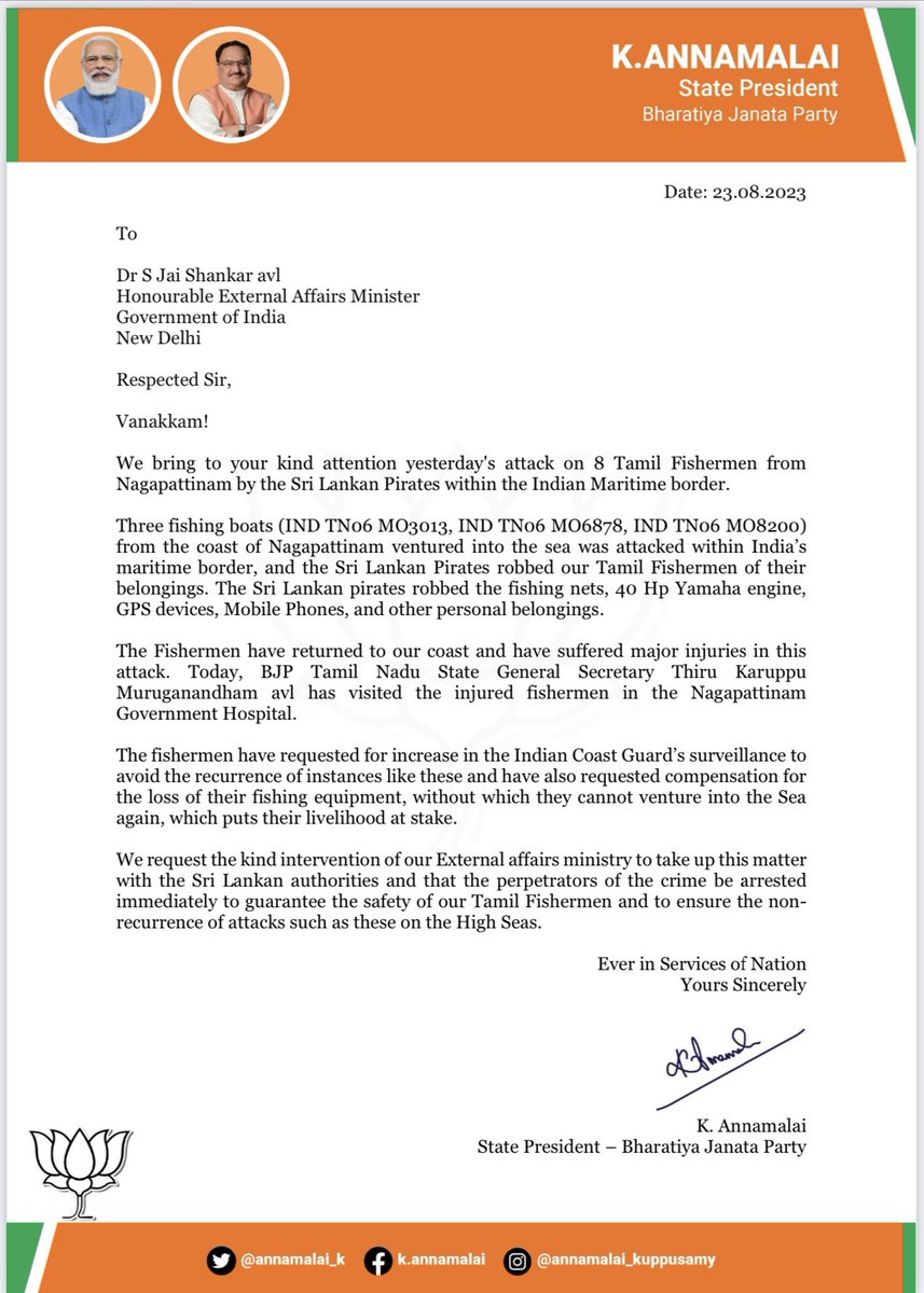 annamalai_k's tweet photo. We request the kind intervention of our Hon EAM Thiru @DrSJaishankar avl in the attack of 8 Tamil Fishermen by Sri Lankan Pirates yesterday

We also request that the Sri Lankan authorities be pressed upon for the arrest of the perpetrators of this crime to guarantee the safety of our Tamil Fishermen on the High seas.