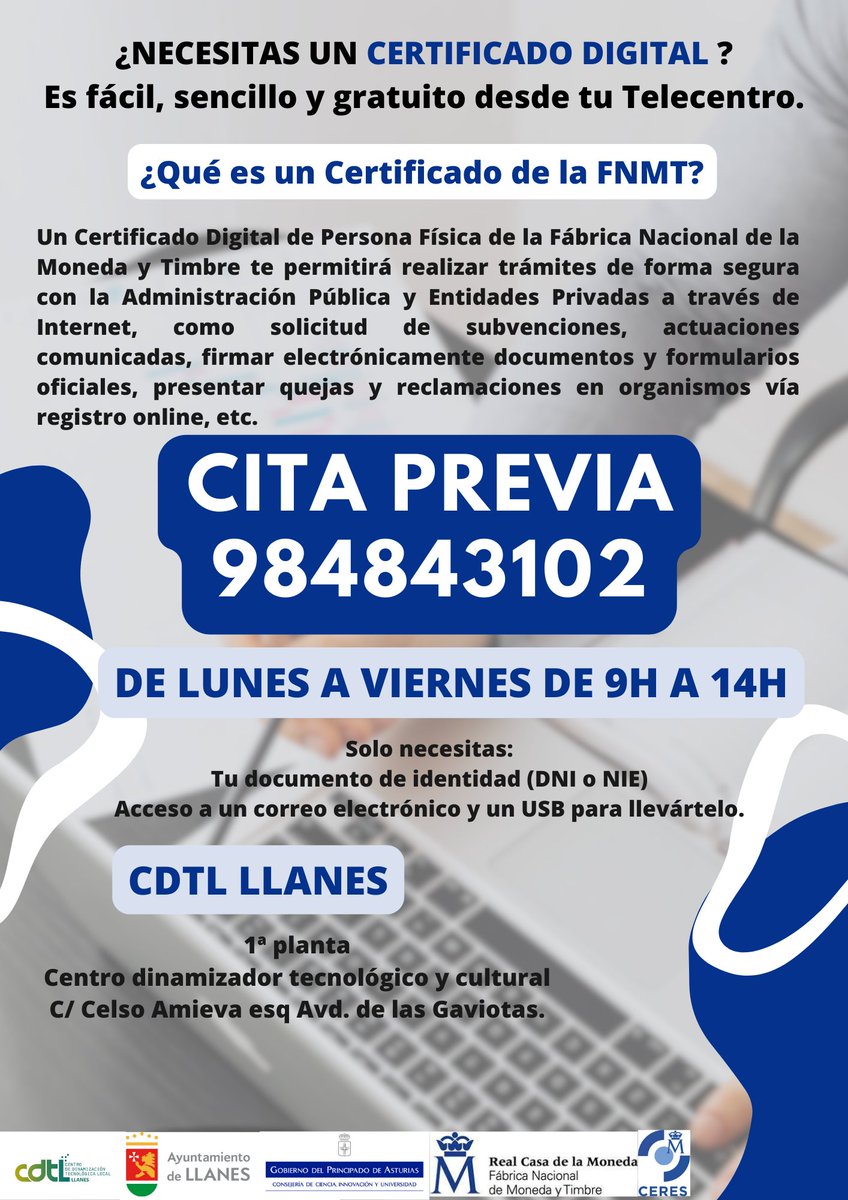 ¿Necesitas hacer un trámite con la administración y no tienes Certificado Digital? En el telecentro te ayudamos a sacar tu certificado de la FNMT.
Pídenos cita en el 984843102 //De lunes a viernes//De 9 a 14h. No esperes más. 
<a href="/CERESfnmt/">CERES</a>  #cdtllanes #fnmt