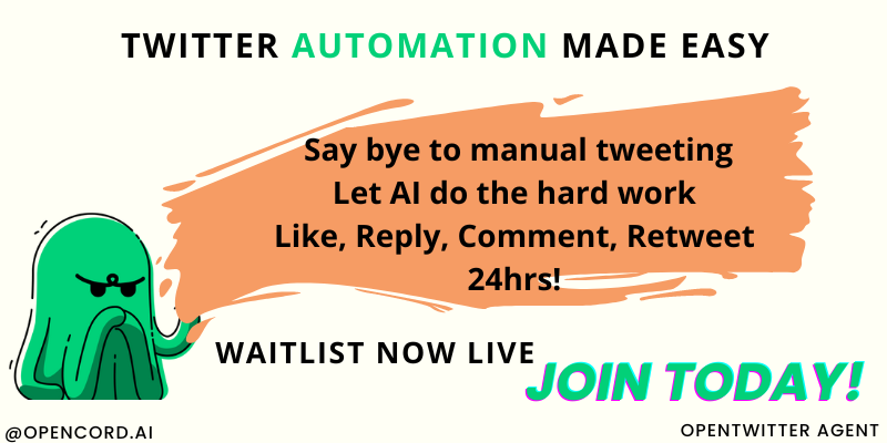 opencordai's tweet photo. 🔮Unlock your Twitter potential with #OpenTwitter Agent
Waitlist NOW LIVE! Join today 👉https://t.co/GTgIoIgYvV
🏁 Twitter automation, no human interference needed
⚡ Instant viral tweets, engaging content, 24/7 action.
#OpencordAI #AIRevolution https://t.co/2VeyWE6B4V