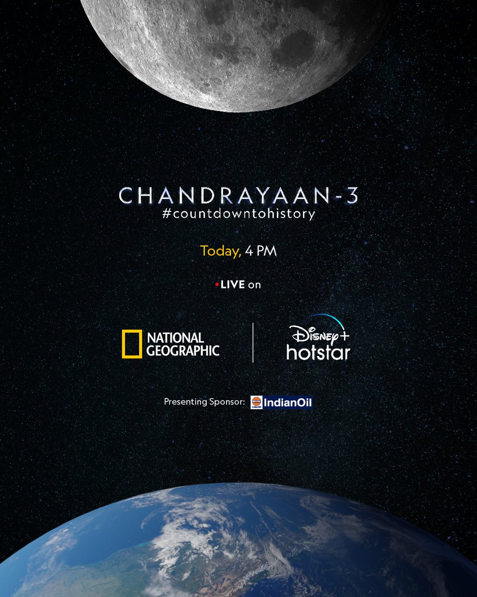 JioHotstar's tweet photo. This is your invitation to be part of a history 🤩

Watch India’s historic touchdown, Chandrayaan-3 Live #countdowntohistory on 23 August at 4 pm on National Geographic and Disney Plus Hotstar.

#Chandrayaan3 #ISRO #ch3 #moonlanding #Chandrayaan_3 #NatGeoIndia https://t.co/QeWHvQt49y