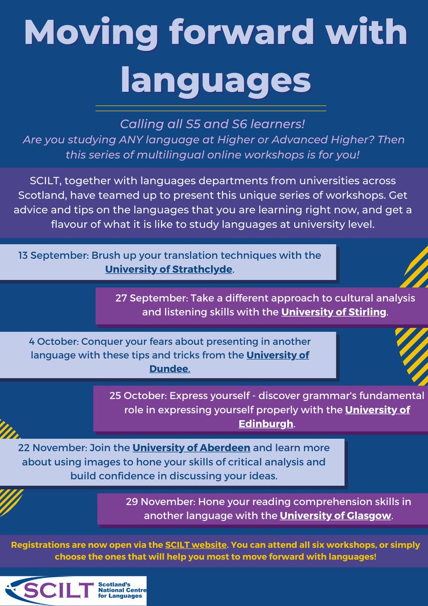 scottishcilt's tweet image. Our workshops for S5 and S6 language learners return for 2023! Run in collaboration with universities across Scotland, get tips and support to help with course preparation now, and find out what it’s like studying languages at university. Register now: loom.ly/hUM1GsU