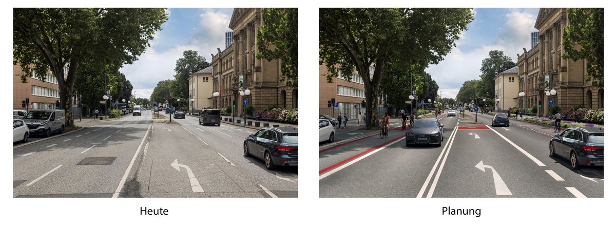 BundesstadtBonn's tweet image. Verkehrsversuch auf der #Adenauerallee ab Januar 2024: Der Stadtrat hat gestern, 22. Aug., beschlossen, dass für drei Monate je Fahrtrichtung eine Fahrspur für den motorisierten Verkehr mit einem abgetrennten, sicheren Radfahrstreifen getestet werden soll: bonn.de/pressemitteilu…