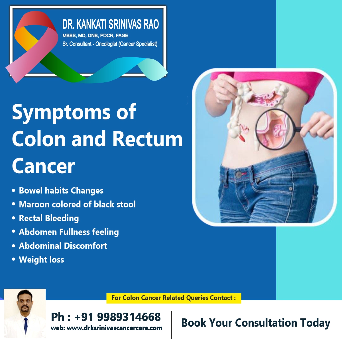 Symptoms of colon and rectum cancer ✔️ Bowel habits changes ✔️ Maroon colored or black stool ✔️ Rectal bleeding ✔️ Abdomen fullness feeling ✔️ Abdominal discomfort ✔️ Weight loss #drsrinivasrao #colorectalcancer #symptoms #cancersurvivor #colon #rectum #treatment #cancercare