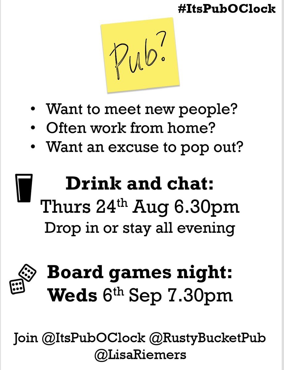 Want to meet new people? Often work from home? Based in or near SE London? Come join us @RustyBucketPub in Eltham. 

Our next meetup is Thurs 24th August and we'll be playing boardgames on Weds 6 September.

#ItsPubOClock #GreenwichHour #SE9