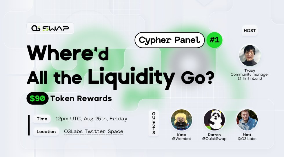 OMOSwapX's tweet photo. Join our Cypher Panel #1 talking with @QuickswapDEX and @WombatExchange
Glad to have @OurTinTinLand as Host.
🎙️The topic: Where’d All the #Liquidity Go?

🎁Rewards: $90 for 3 active audience + 1 OAT from @Galxe https://t.co/YYV5aVuPWU