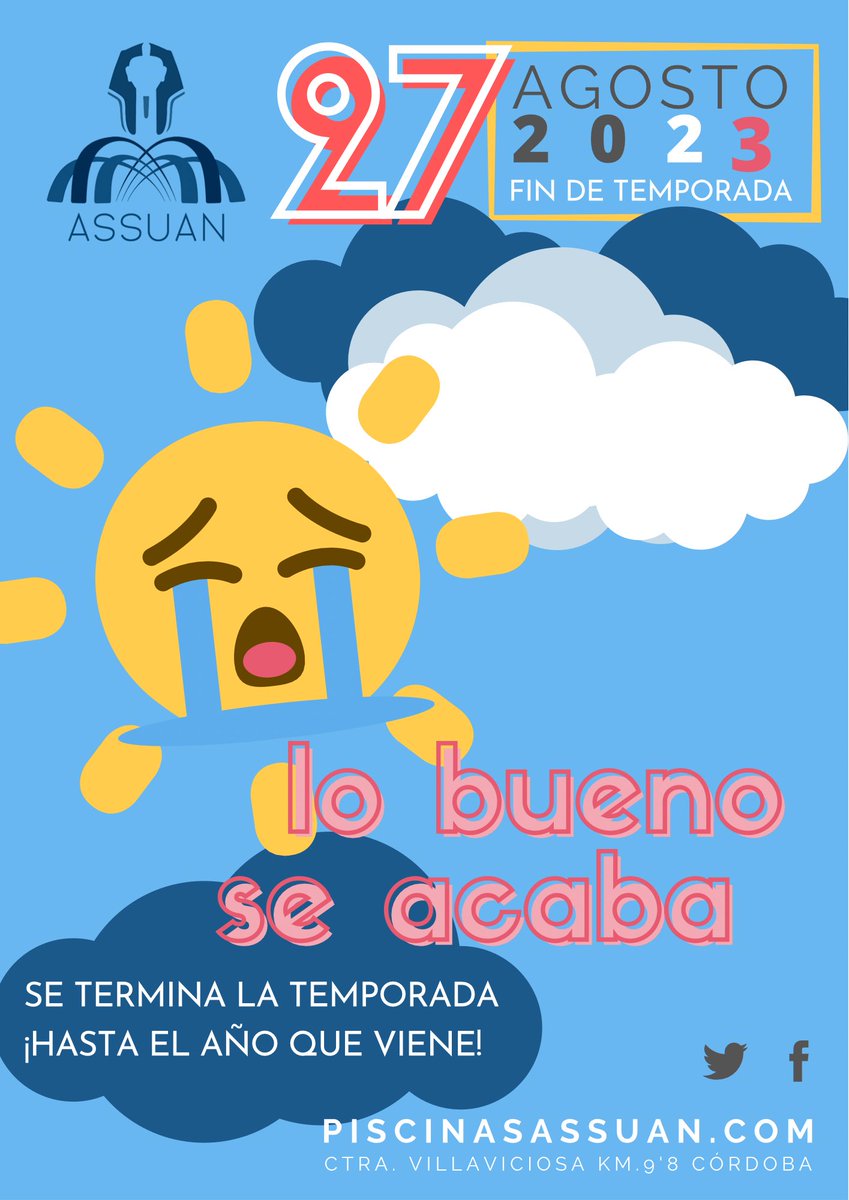PiscinasAssuan's tweet photo. Este DOMINGO 27 DE AGOSTO DE 2023 despedimos la temporada 2023 en #PiscinasAssuan.
¿A qué esperas para apurar el verano? ¡no me seas y vente pacá!
¡Te esperamos! https://t.co/TwNFKsn2fb