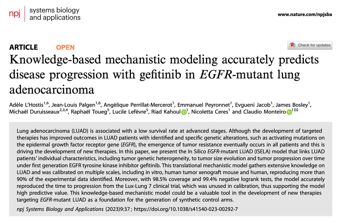 📢 Pleased to share this work <a href="/NaturePortfolio/">Nature Portfolio</a> 
👉rdcu.be/dkbVo
Our insilico model can predict gefitinib efficacy in a EGFR+ NSCLC virtual population
Application to next gen EGFRTKI and new antiEGFR therapy are ongoing
Stay tuned!
@novadiscovery <a href="/OncoAlert/">OncoAlert</a>