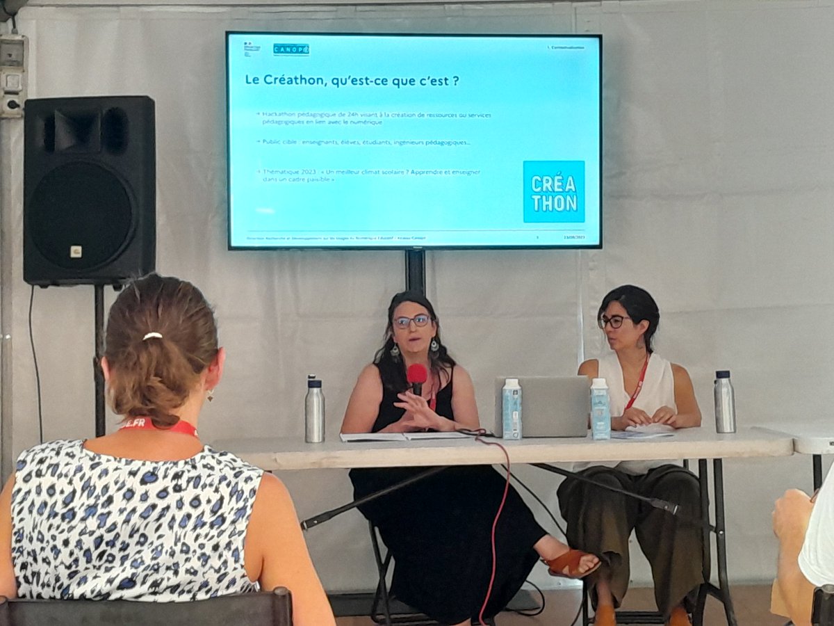 rvanoudheusden's tweet photo. Au colloque scientifique de #Ludovia20, Melina Solarie Landa et Lucie Pottier de @reseau_canope et @LaboTechne présentent les résultats de leur travaux basés sur #LeCreathon qui amenait les participants à réfléchir au rôle du numérique pour un climat scolaire appaisé https://t.co/65tSXeQIuO