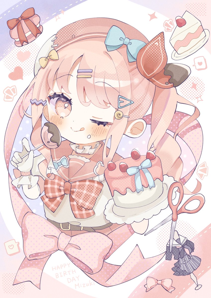 food one eye closed cake pink hair pink eyes tongue out tongue  illustration images