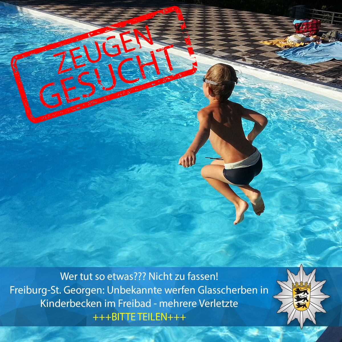 PolizeiFR's tweet photo. #Freiburg-St. #Georgen: Wer tut so etwas??? Nicht zu fassen! 😠Unbekannte werfen Glasscherben in Kinderbecken im Freibad - mehrere Verletzte +++BITTE TEILEN+++
https://t.co/bS0bm3eXmW
#polizei #schwimmen #freibad #freischwimmer #schwimmbad https://t.co/h2VWqFXWrs