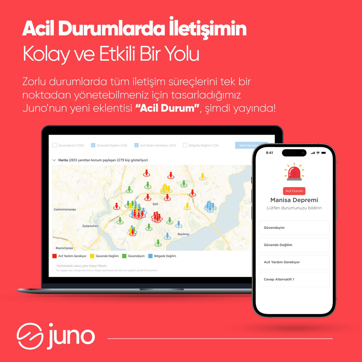 Zorlu durumlarda tüm iletişimi tek bir noktadan yürütmenizi sağlayan Juno'nun yeni "Acil Durum" özelliği yayında! 🆘🚨