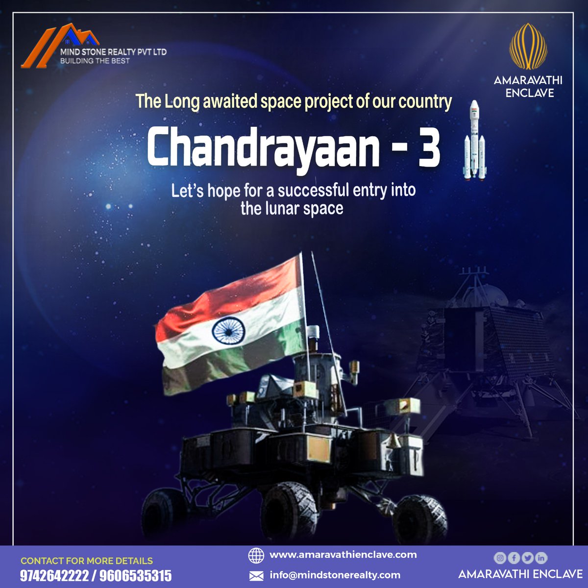 'India's Chandrayaan 3 mission is set to conquer new frontiers, showcasing our nation's unwavering commitment to space exploration

Hurry Up and CALL NOW 9742642222 9606535315

#Chandrayaan 3 #Proudly India #plotinvetment #plotbuyers #mysoreonline #plotsale #photography