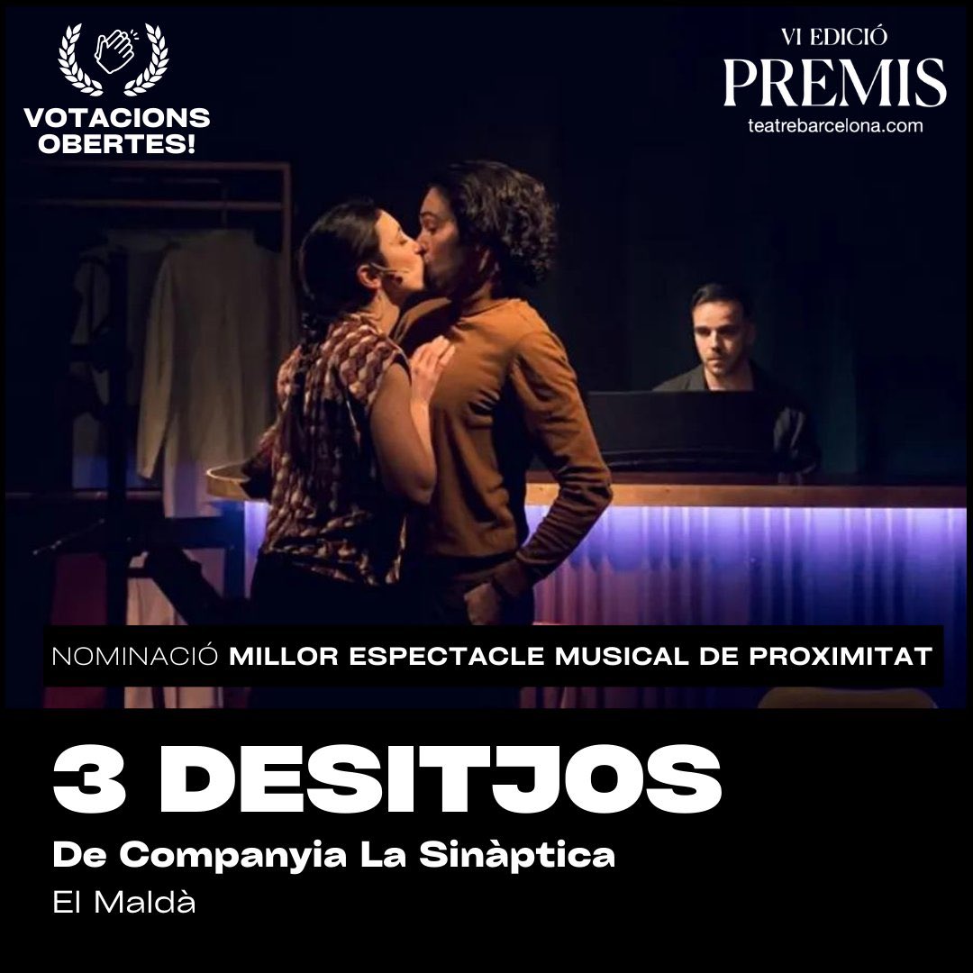 Cia La Sinàptica/ 3 DESITJOS (@3desitjoselmus) on Twitter photo Ei, tu!
Sí, tu!
Que <a href="/3desitjoselmus/">Cia La Sinàptica/ 3 DESITJOS</a> , està nominat a millor espectacle musical de proximitat!
Si vols donar suport al teatre musical de creació en català i a joves creadors amb ganes de crear ens ajudaràs amb el teu vot seguint aquest enllaç:
teatremusical.com/premis Ei, tu!
Sí, tu!
Que <a href="/3desitjoselmus/">Cia La Sinàptica/ 3 DESITJOS</a> , està nominat a millor espectacle musical de proximitat!
Si vols donar suport al teatre musical de creació en català i a joves creadors amb ganes de crear ens ajudaràs amb el teu vot seguint aquest enllaç:
teatremusical.com/premis
