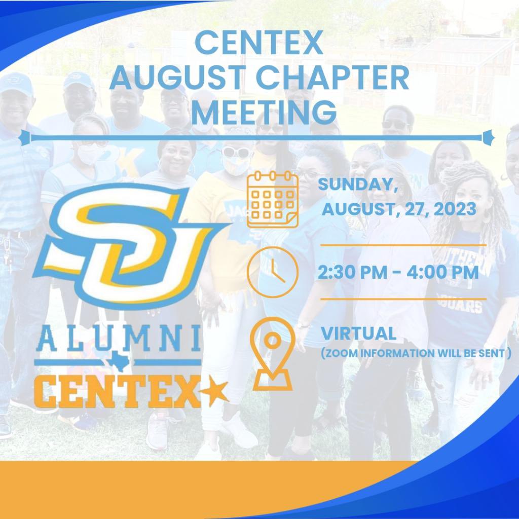 SUcentex's tweet photo. Greetings Centex Alumni! Our August Chapter meeting will take place on Sunday, August 27,2023 @ 2:30PM(virtually). Please be on a lookout for the Zoom link sent via email. Hope to see you soon! Geaux Jags! 💙💛🐆 https://t.co/NEe06YNXJ9