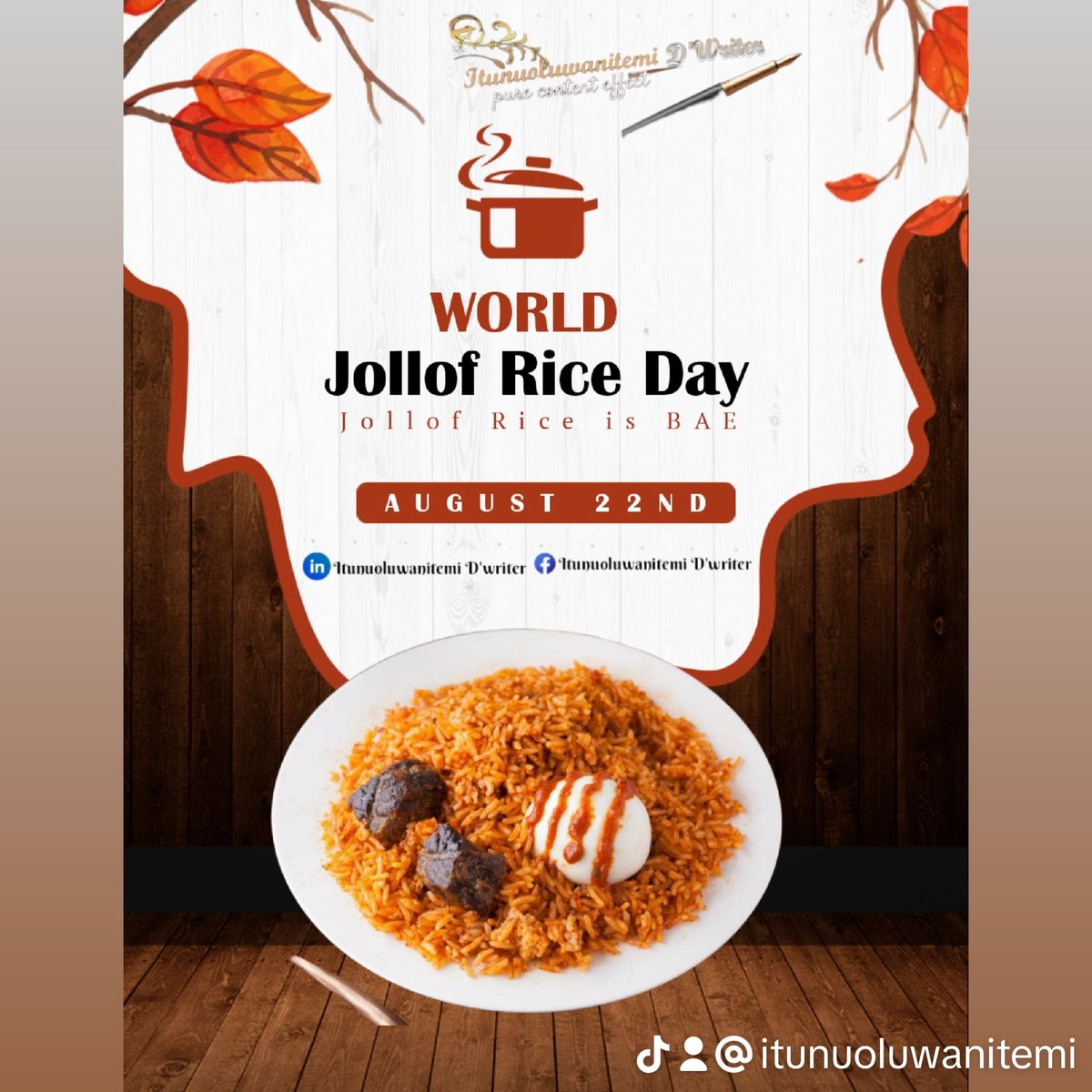 ade_itunu's tweet photo. Am serving Jollof rice today
Do U care 4?

You would not imagine that boiling plain rice in the same pot as peppers, tomatoes, spices and meats would create such soft, yet crisp tomato-stained grains, with so much sweetness locked inside them. 

#worldjollofriceday
#jolloflovers https://t.co/orQ0VcvjPQ