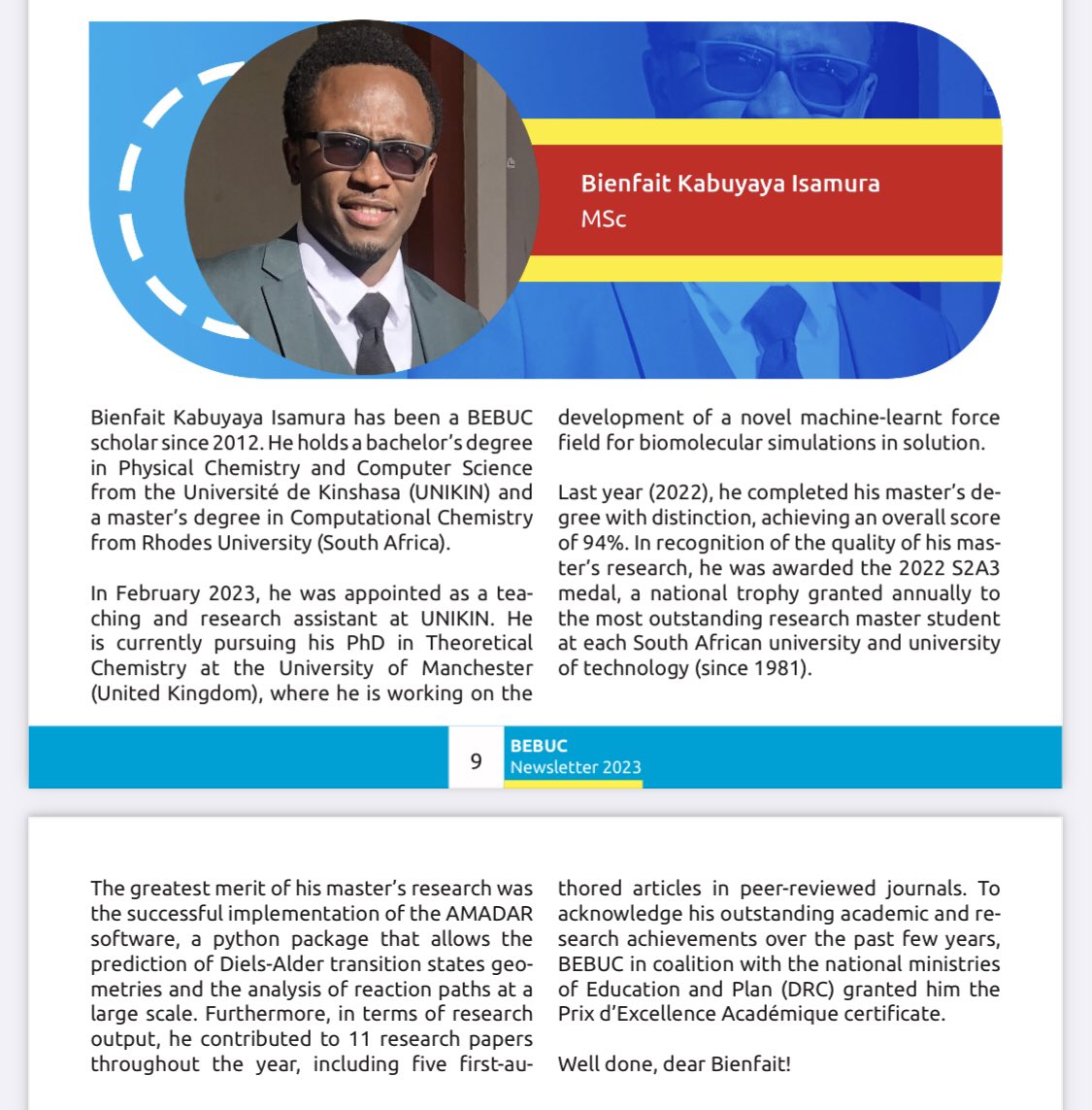 IsamuraBienfait's tweet photo. @BEBUC_Scholars @NdjokoKarine 
It’s been 11 years since I joined the wonderful BEBUC family. More than a decade of continuous encouragement, guidance and financial support. Thanks for contributing to the person I am trying to become. [Image: BEBUC newsletter 2023, page 9] https://t.co/5qU2r6JrmG
