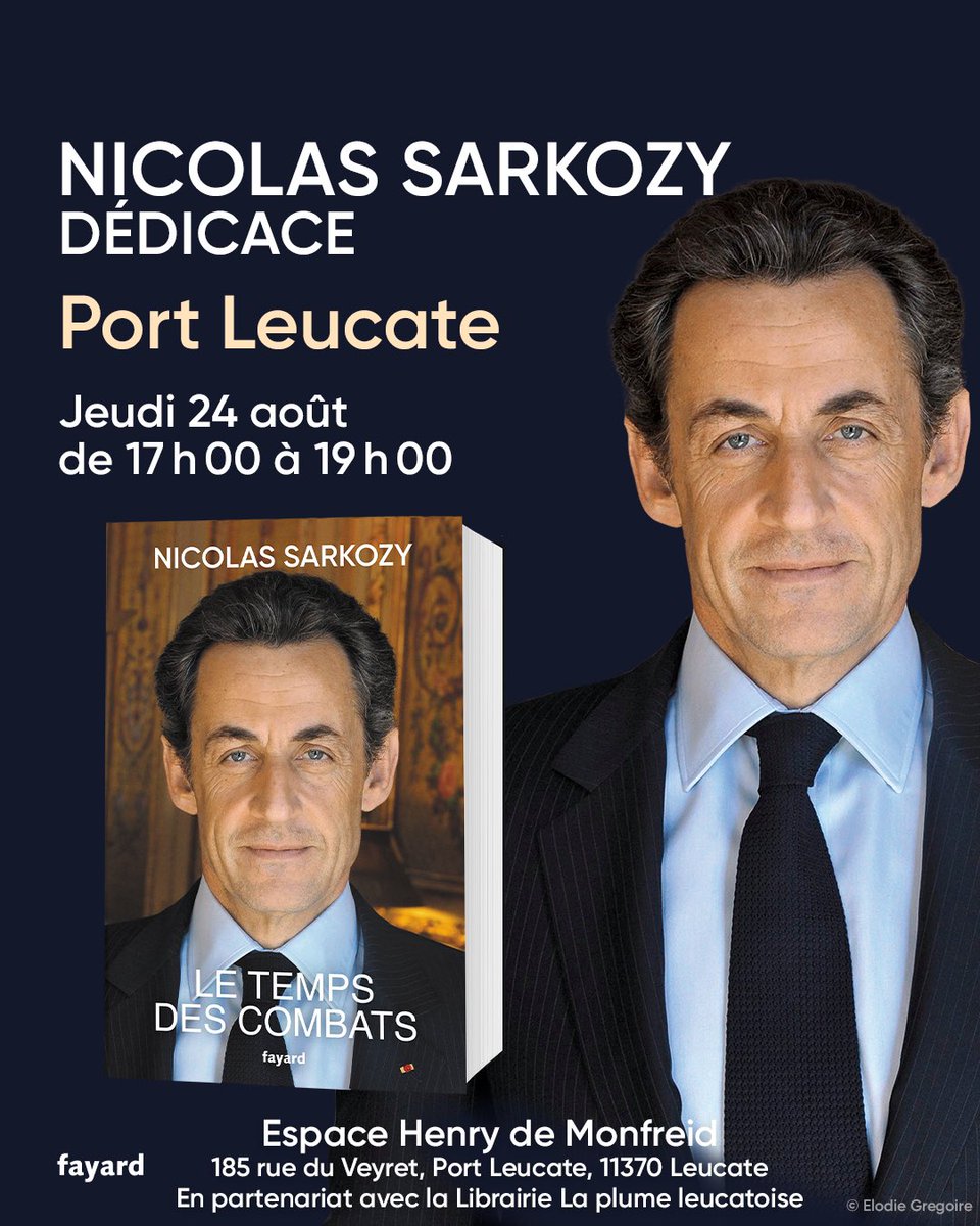 NicolasSarkozy's tweet photo. Heureux de retrouver demain mes amis audois à Port-Leucate ! Merci au Maire @michelpy d’organiser cette belle rencontre.  #letempsdescombats  @EditionsFayard https://t.co/ULpDlKSFRg