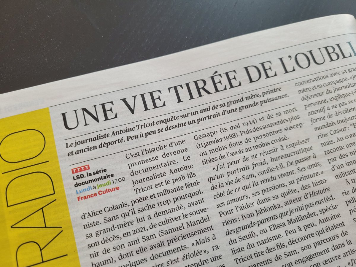 Quand j'ai promis à ma grand-mère de poursuivre sa recherche sur la vie de son ami Sam Mandelbaum je ne pensais pas que ça conduirait à faire publier sa photo dans <a href="/Telerama/">Télérama</a>.
Ni d'obtenir TTTT avec Séverine Cassar pour notre série radio Se Souvenir de Sam !
Diffusion le 28 août !