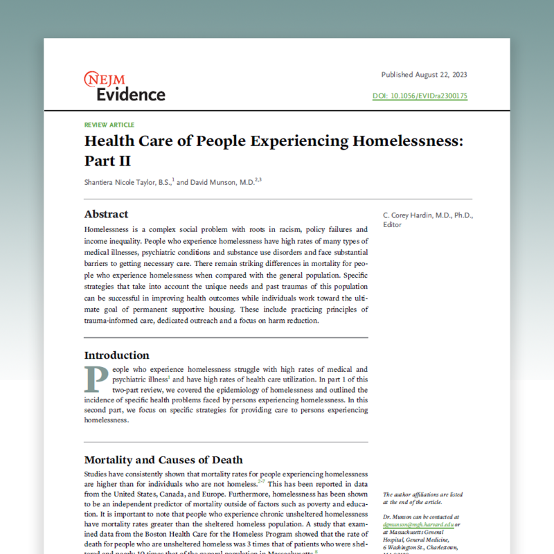 NEJMEvidence's tweet photo. "Specific strategies that take into account the unique needs and past traumas of this population can be successful in improving health outcomes while individuals work toward the ultimate goal of permanent supportive housing.”

#MedTwitter #HealthEquity #MedEd @bostonstreetdoc