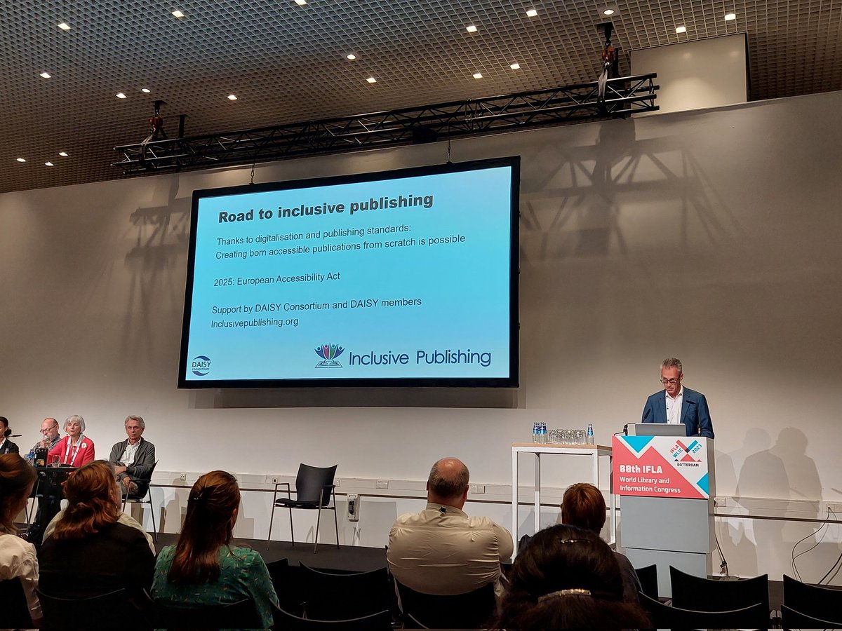 inpunctoeu's tweet photo. Important topic at the #IFLA2023 world-wide conference of libraries: the road to #inclusivepublishing for readers with a disability. It is estimated that only 7% of published books are accessible (in developed countries) and less than 1% in developing countries. #WLIC2023 https://t.co/tjwG6c52Yj
