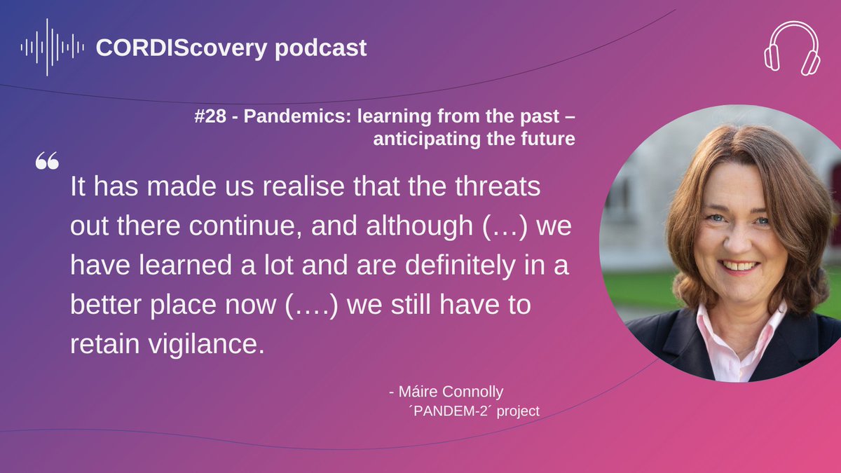 🎧 Dive into the world of pandemic preparedness with the #CORDIScovery podcast. Our guest Máire Connolly shares her insights as coordinator of @PANDEM2H2020 that developed an innovative IT system helping prepare for pandemic scenarios. Hit play now! spoti.fi/3KzHfQZ