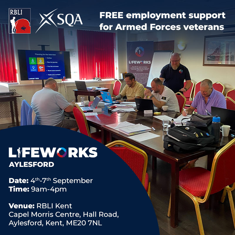 Our @WeAreLifeWorks team are coming home to Aylesford on 4th-7th September; providing our unique 4-day employment support programme to veterans looking for work.🤝💼✏️ Book your FREE place today: brnw.ch/21wBUiZ #rbli #supportforveterans #Lifeworks #SQA