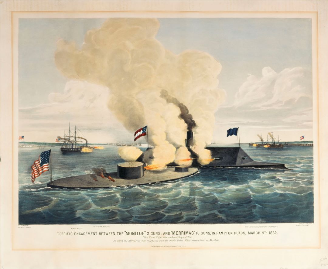 This print shows the first encounter between the warships, the Confederate Merrimac &amp; the Union Monitor on March 9, 1862. Ironclads were wooden hulled ships clad with iron plates. The Monitor’s machinery &amp; iron plates were made by the Albany Ironworks and Rensselaer Ironworks.