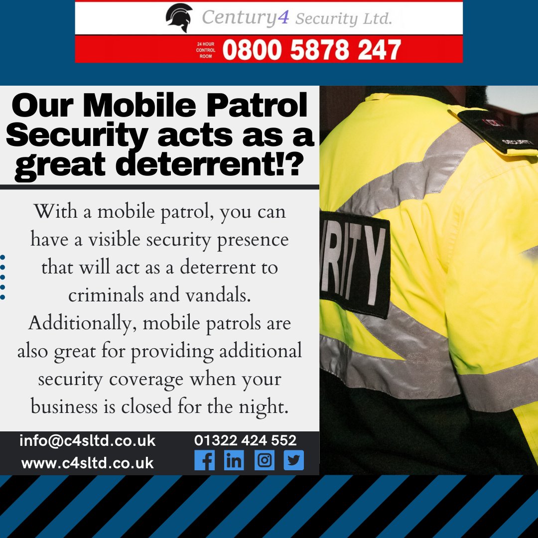 If you're interested in implementing a mobile patrol, contact us today!

#securityservices #century4security #securityindustry #uksecurity #mannedguarding #k9security #doghandling #keyholding #alarmresponse #mobilepatrols #mobilesecurity #securitysolutions