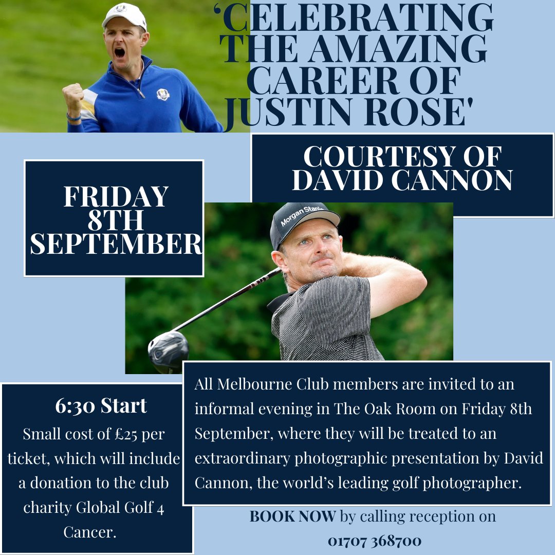 All members are invited to join us in the Oak Room on Friday, 8th September to celebrate the amazing career of Justin Rose, courtesy of David Cannon. 🌹⛳ #JustinRose #golf #golflife #lovegolf #golfer #BrocketHall
