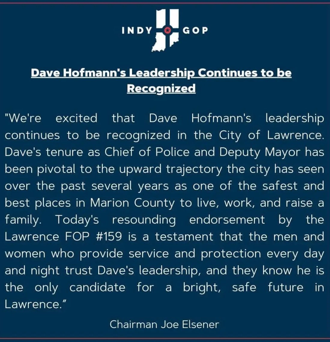 Yesterday I learned the membership of Lawrence FOP #159 has voted (overwhelmingly) to endorse me for Mayor!!!

This was a very serious and thoughtful process involving a lengthy written questionnaire and an hour-long in-person interview. Critical public safety issues were