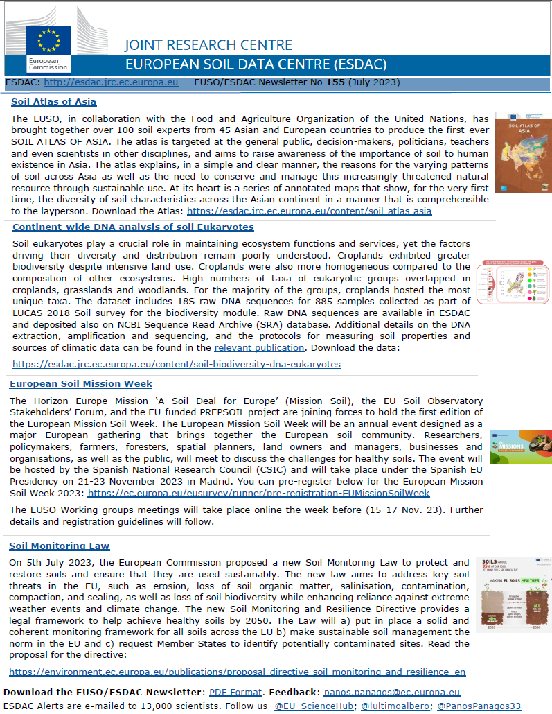 Stay tuned in #eusoils 🇪🇺. Get the latest #EUSO newsletter 📩. 1-page latest soil info in EU: 
- Soil Atlas of Asia
-  Data on DNA analysis of Eukaryotes 
- Pre-registration for Soil Mission Week
- Soil Monitoring law
esdac.jrc.ec.europa.eu/public_path//n… 
subscribe Now!