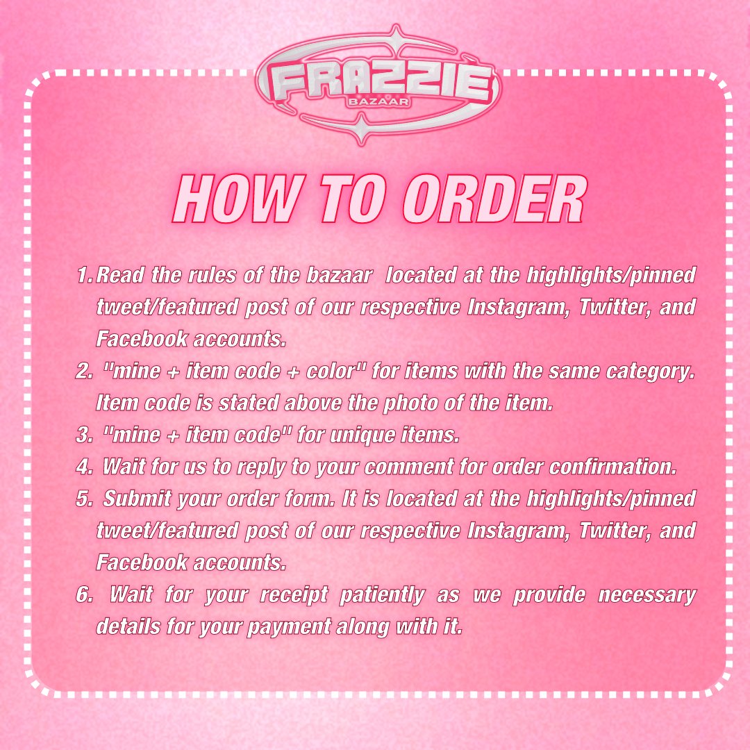 frazziebazaar's tweet photo. Here’s a guide on how you can order from our bazaar, frazzies! 🌟 https://t.co/U88c1Ap63M