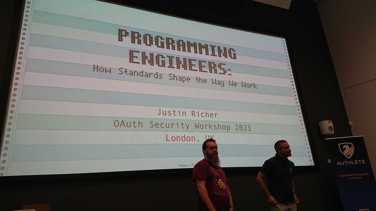 Taka@Authlete, BaaS for OAuth 2.0 & OpenID Connect (@darutk) on Twitter photo Keynote "Programming Engineers: How Standards Shape the Way We Work" by Justin Richer (<a href="/justin__richer/">Justin Richer Ⓥ</a>), on the second day of OAuth Security Workshop 2023. #osw8 Keynote "Programming Engineers: How Standards Shape the Way We Work" by Justin Richer (<a href="/justin__richer/">Justin Richer Ⓥ</a>), on the second day of OAuth Security Workshop 2023. #osw8